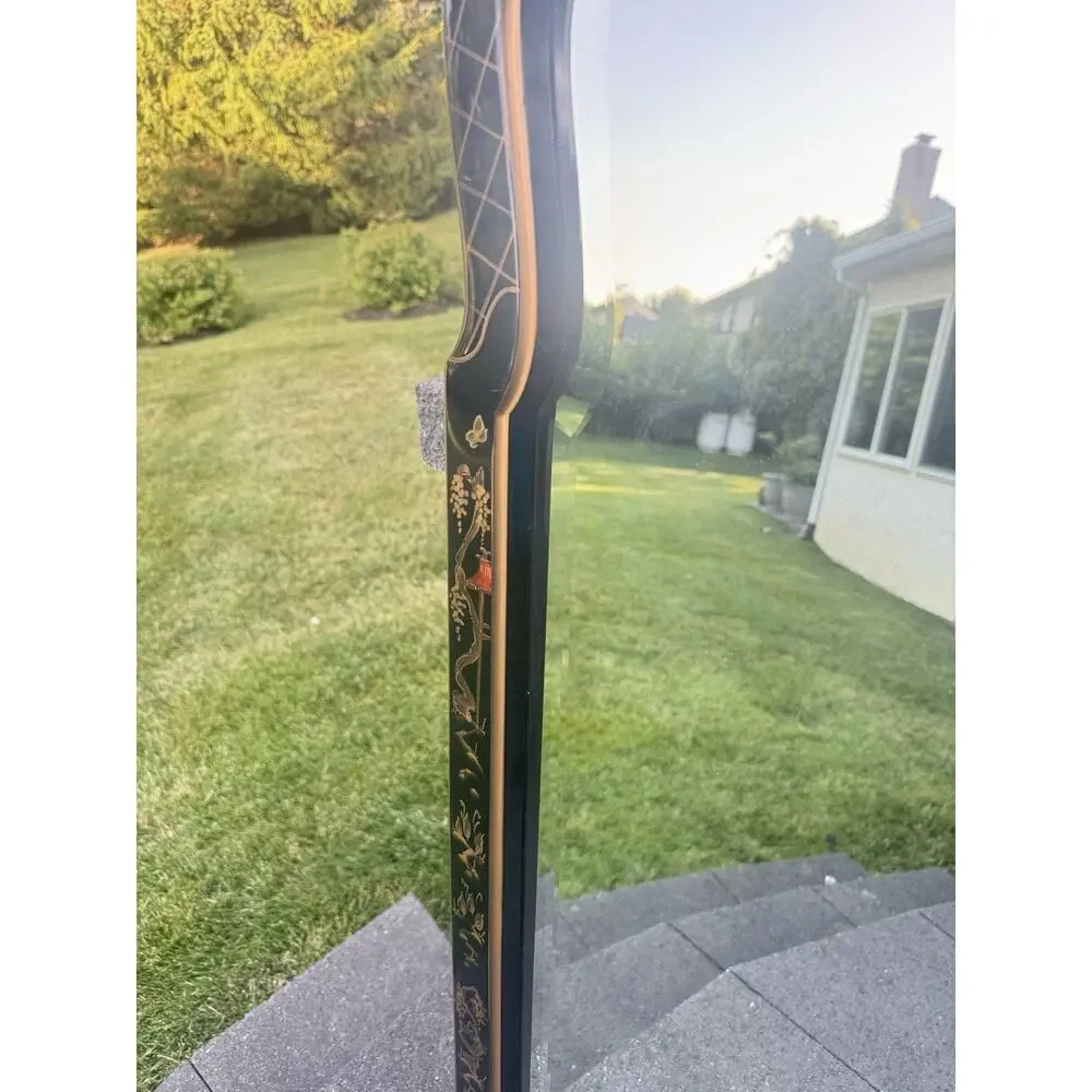 Chinoiserie Black Lacquer Mirror Gold Asian Pagoda Beveled Wall Mirror 43x25”